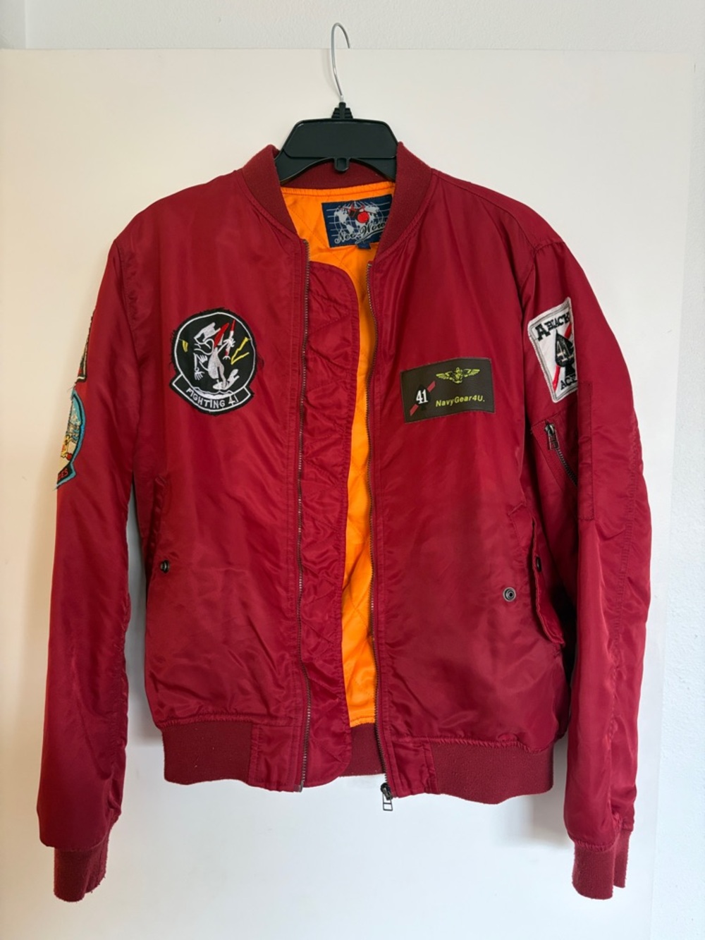 Men's Red Bomber Jacket with Patch Details